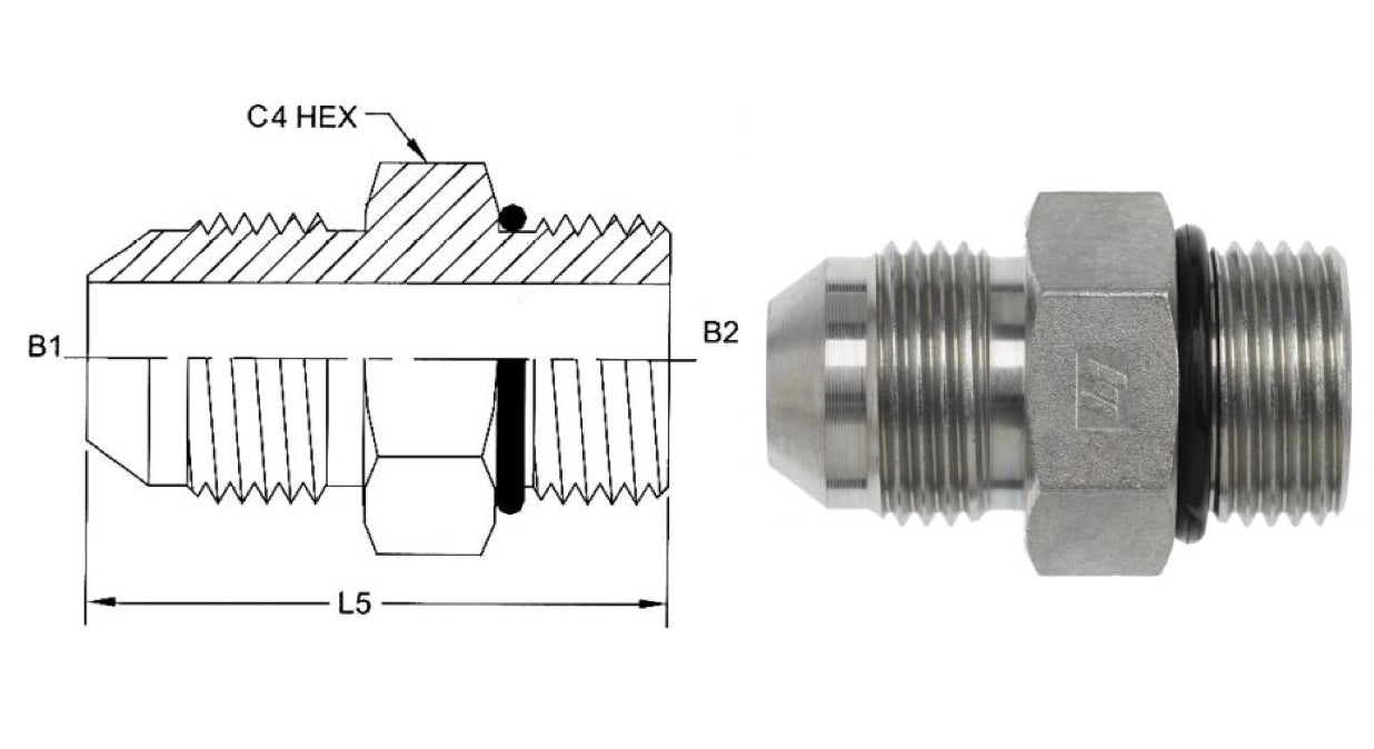 6400-14-12-O : OneHydraulics Straight Adapter, 0.875 (7/8) Male JIC x 0.75 (3/4) Male ORB, Steel, 5000psi