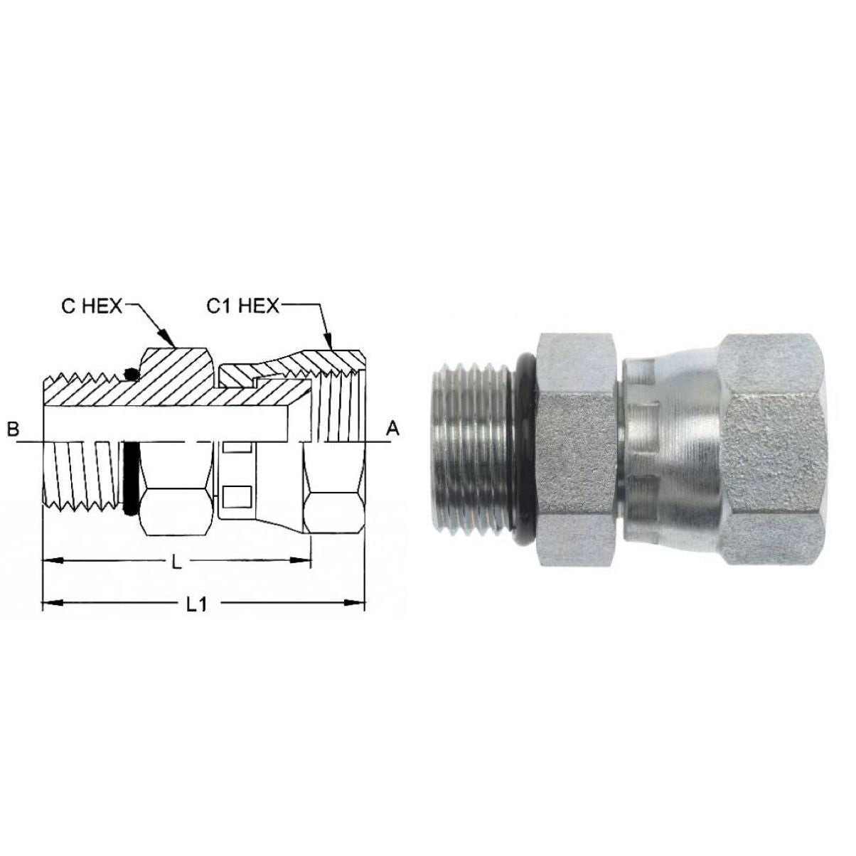 6402-08-06-O-SS : OneHydraulics Straight Adapter, 0.5 (1/2) Male ORB x 0.375 (3/8) Female JIC Swivel, Stainless Steel, 6000psi