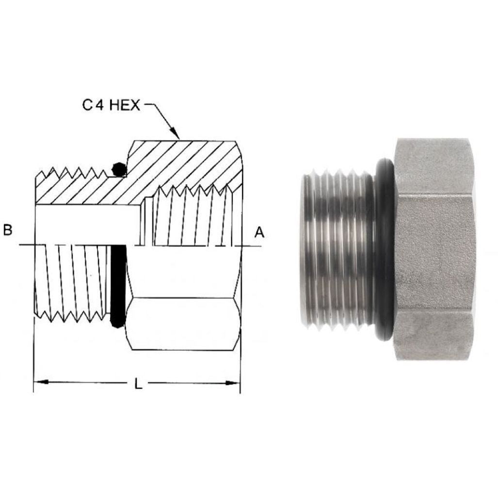 6405-05-06-O : OneHydraulics Straight Adapter, 0.3125 (5/16) Male ORB x 0.375 (3/8) Female NPT, Steel, 6000psi