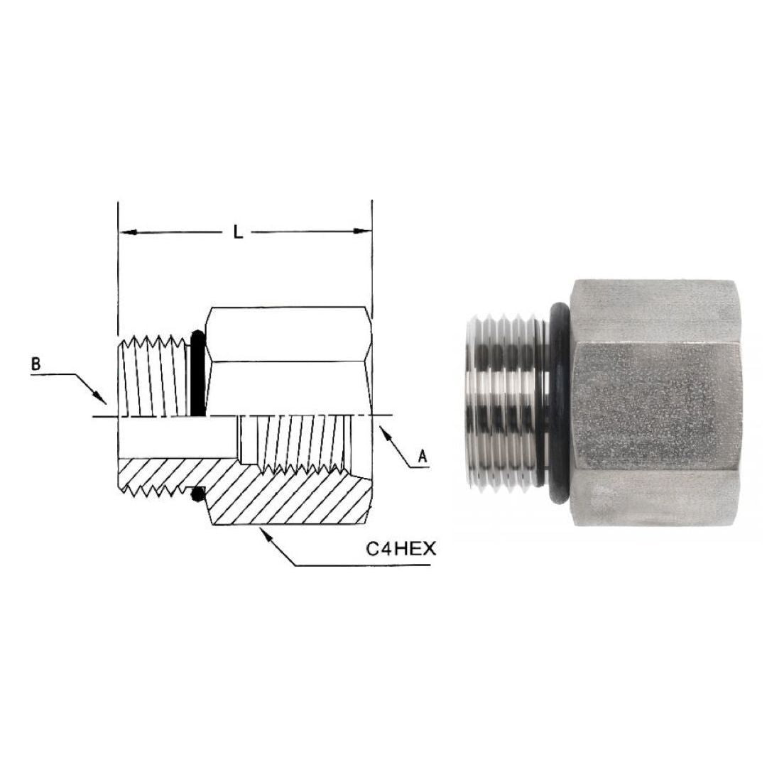 6410-20-12-O-SS : OneHydraulics Straight Reducer, 1.25 (1-1/4) Male ORB x 0.75 (3/4) Female ORB, Stainless Steel, 4800psi
