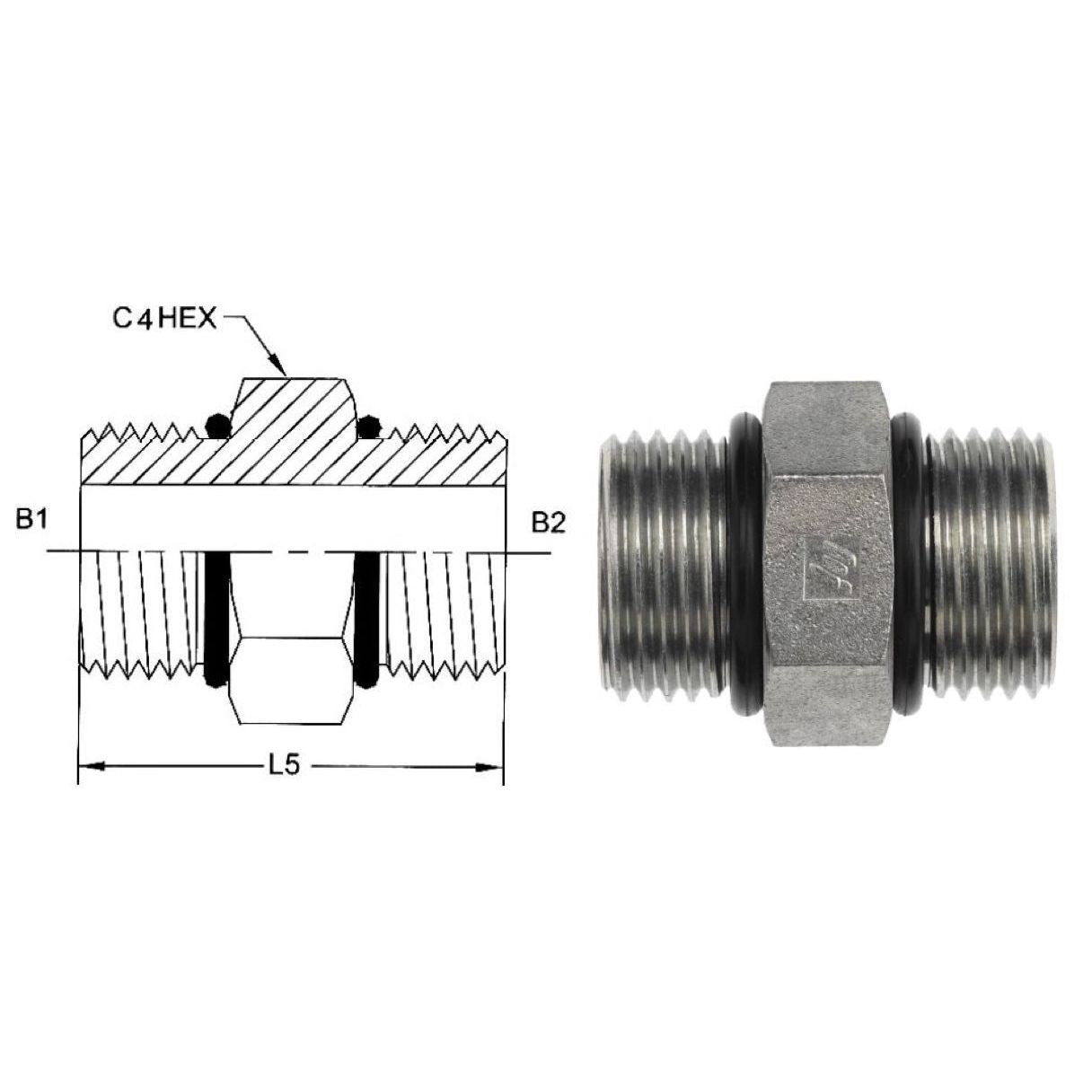 6464-10-08-O : OneHydraulics Straight Adapter, 0.625 (5/8) Male ORB x 0.625 (5/8) Male ORB, Steel