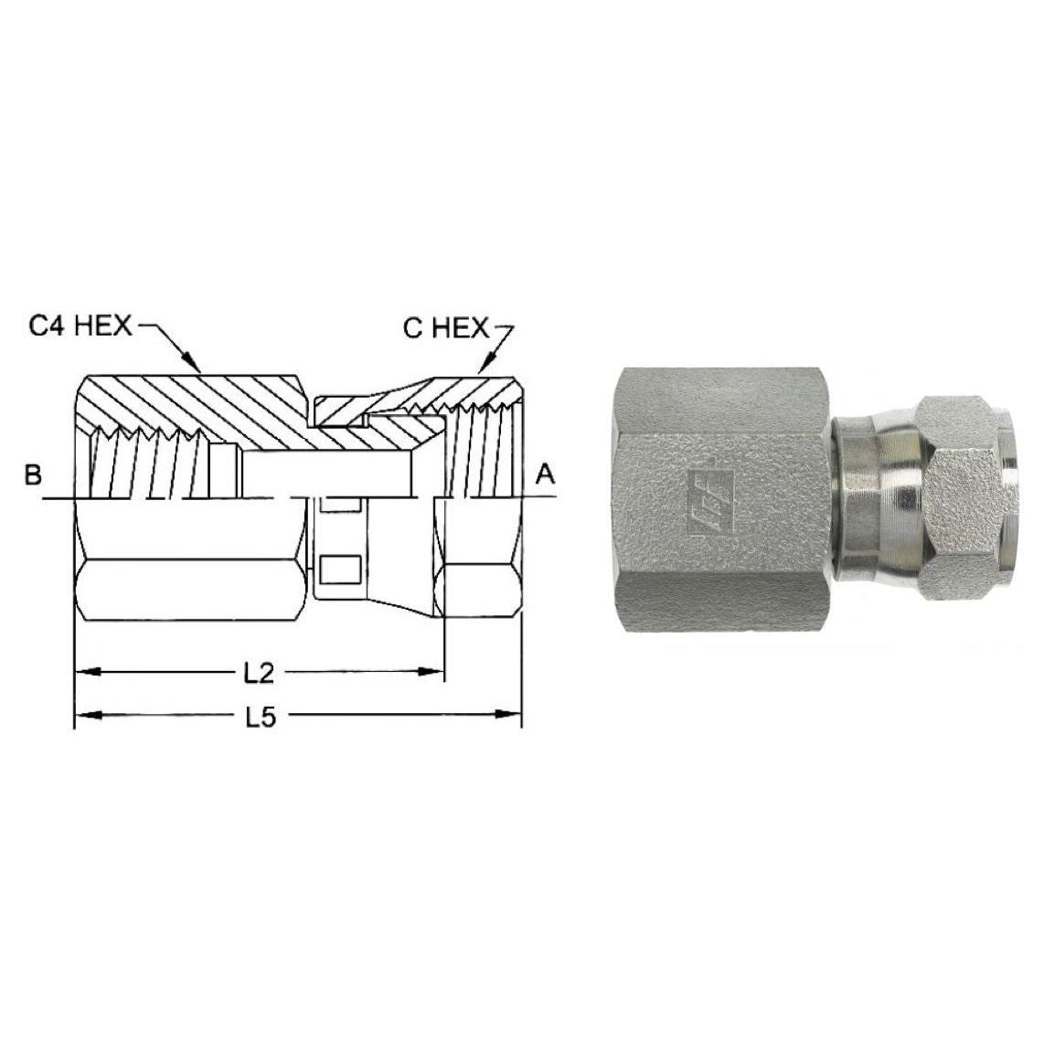 6506-06-04-SS : OneHydraulicsAdapter, Straight, 0.375 (3/8") Female JIC x 0.25 (1/4") Female, Stainless Steel, 6000psi