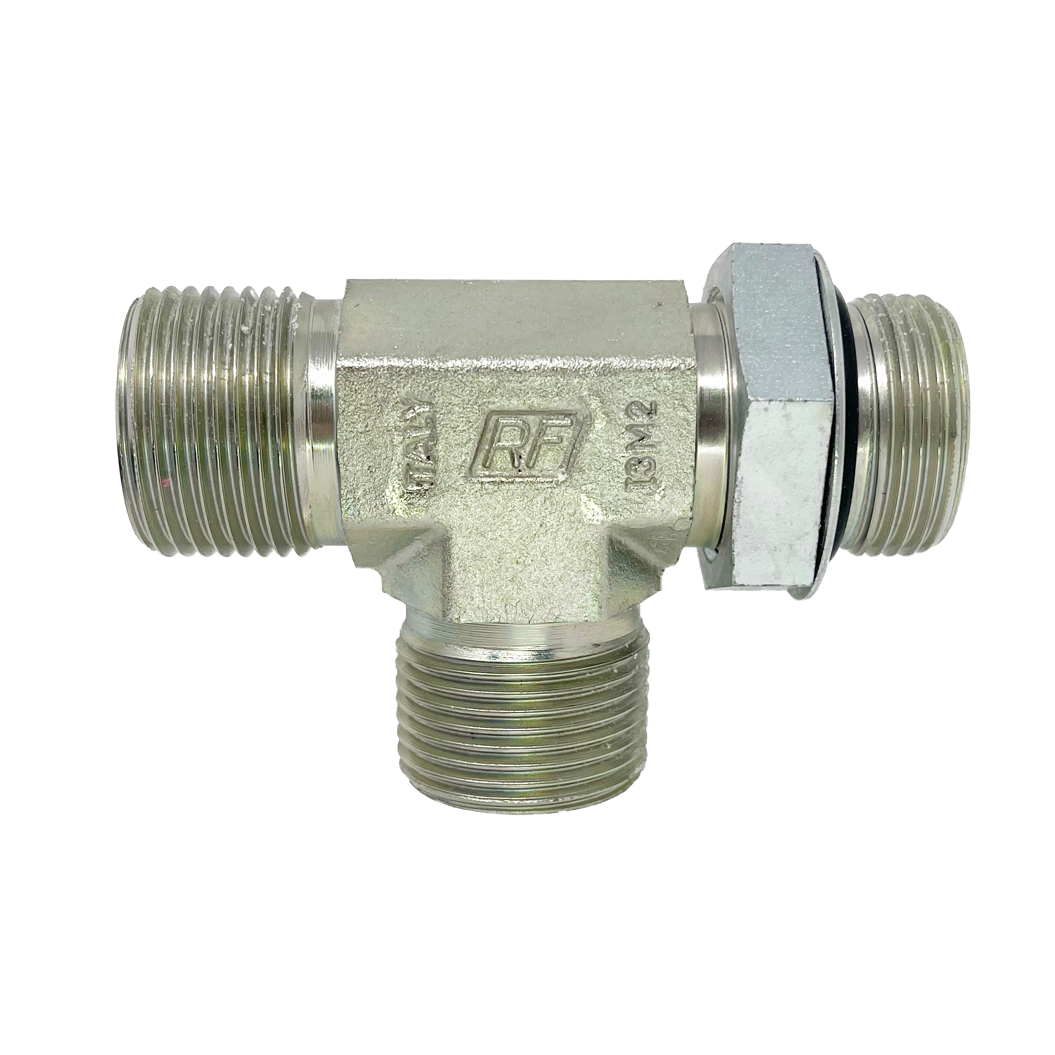 9078-08-08-10 : Adaptall Tee Adapter, Male 0.5 (1/2") BSPP x Male 0.5 (1/2") BSPP x Male 0.625 (5/8") ORB, Carbon Steel