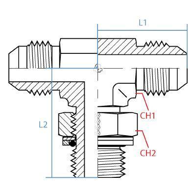9169-10-10-22 : Adaptall Tee Adapter, Male 0.625 (5/8") JIC x Male 0.625 (5/8") JIC x Male 22MM Metric, Carbon Steel
