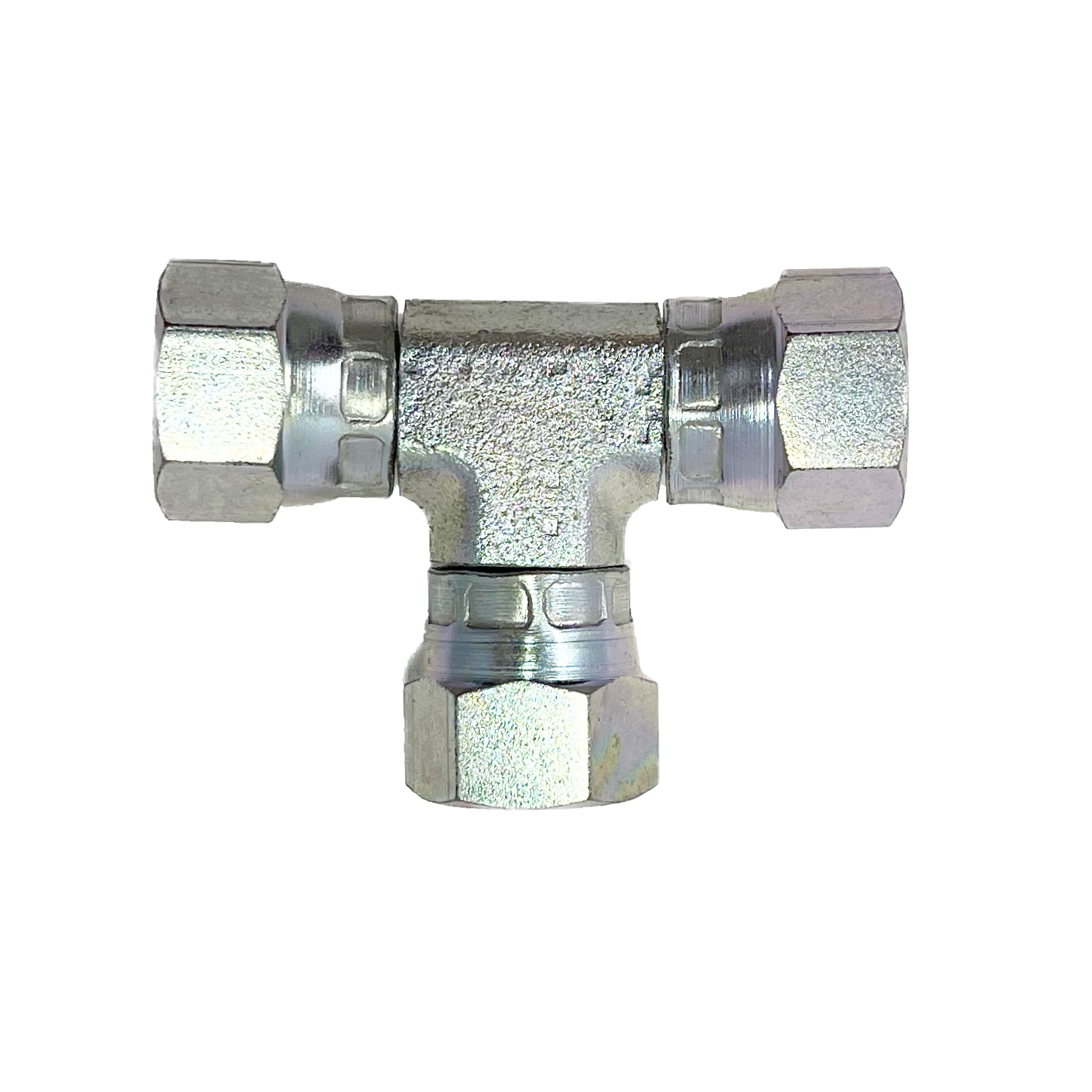 9555-20-20-20 : Adaptall Tee Adapter, Female 1.25 (1-1/4") JIC x Female 1.25 (1-1/4") JIC x Female 1.25 (1-1/4") JIC, Carbon Steel