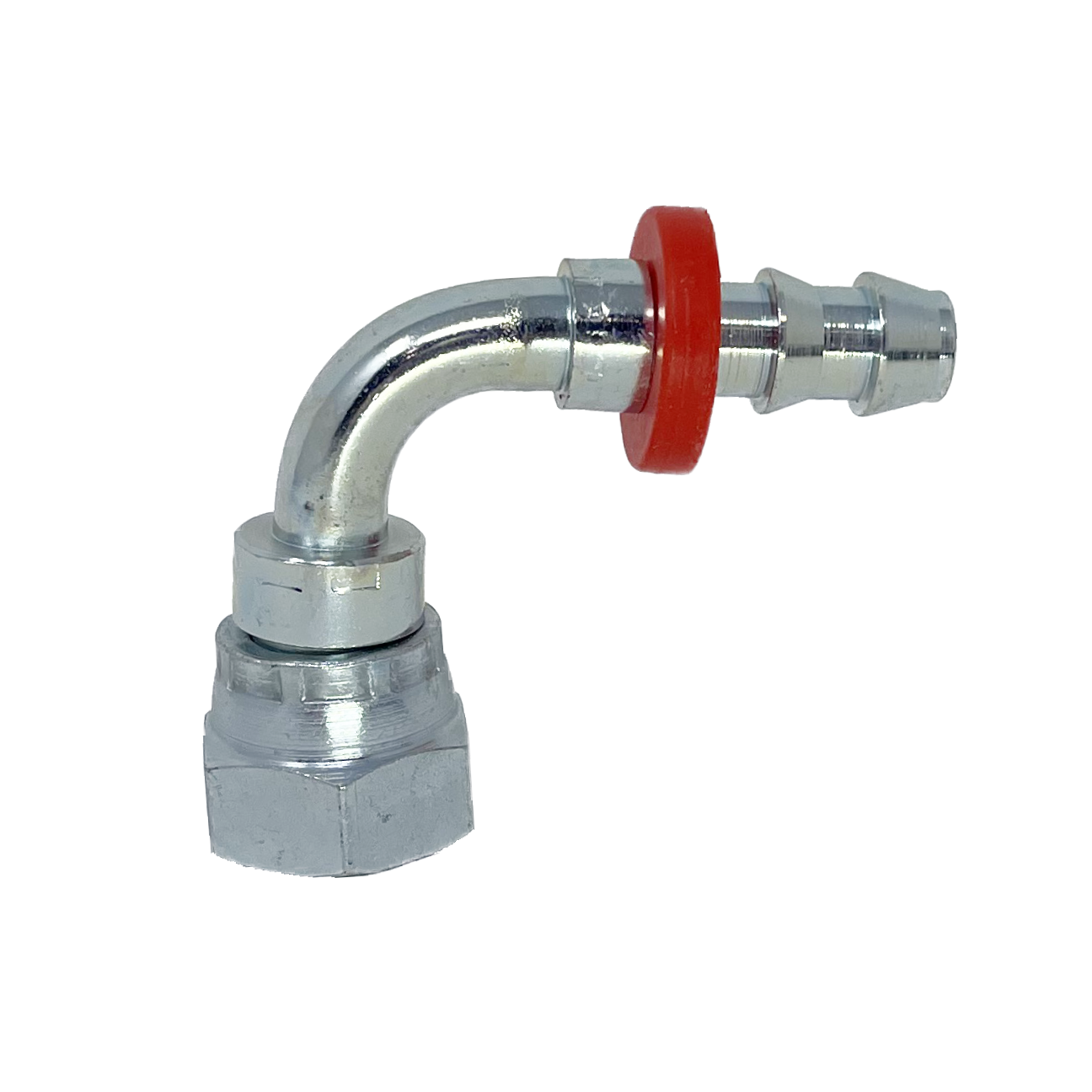 9910-12-12 : Adaptall 90-Degree  Adapter, Female 0.75 (3/4") BSPP x 0.75 (3/4") Hose Barb, Carbon Steel