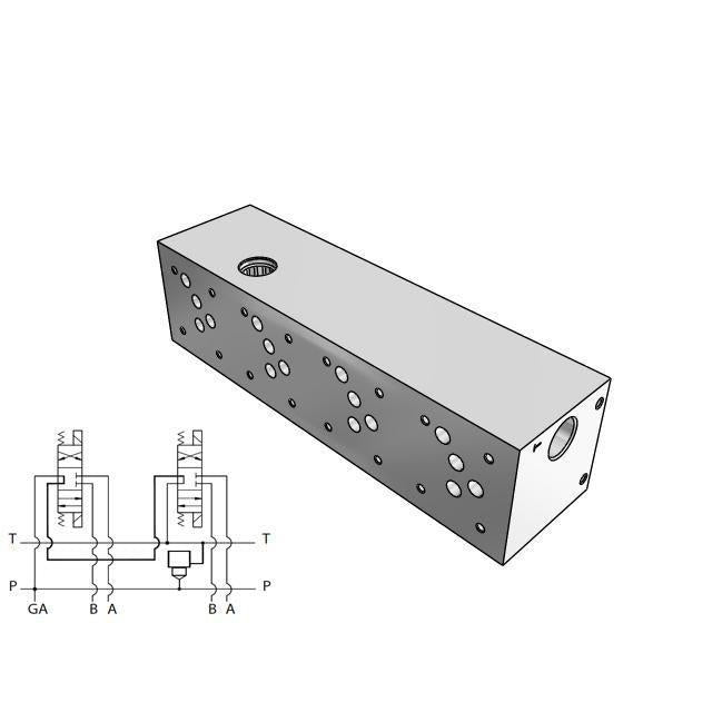 AD05S043S/S : Daman CETOP Manifold, D05 (NG10), Series Circuit, Aluminum, 3000psi, Four Station, #12 SAE (3/4) Pressure Port, with Sun T-3A Relief Cavity