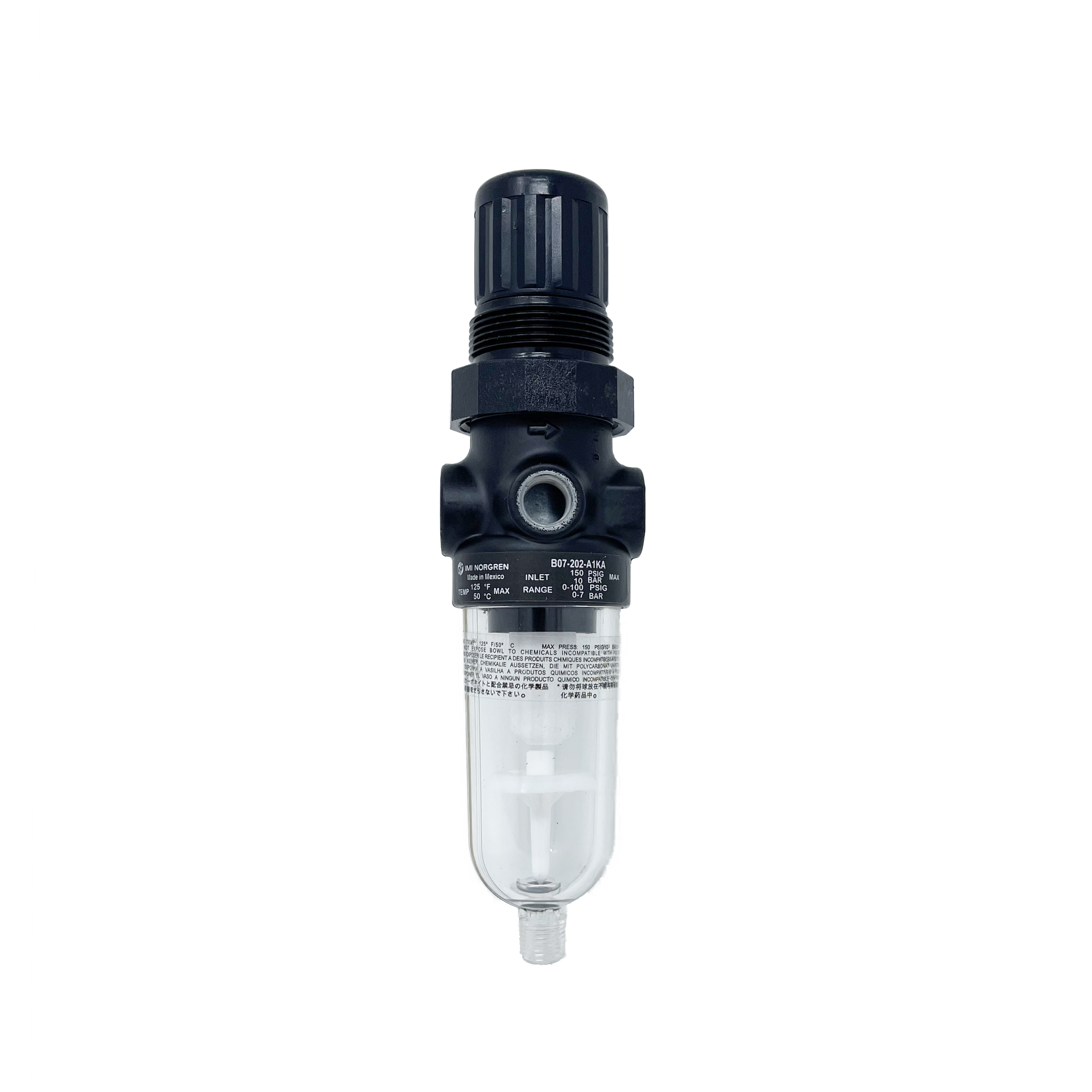 B07-201-M1KA : Norgren B07 miniature filter/regulator, Transparent Bowl, Relieving, Without Gauge, Manual Drain, 5-Micron, 5 to