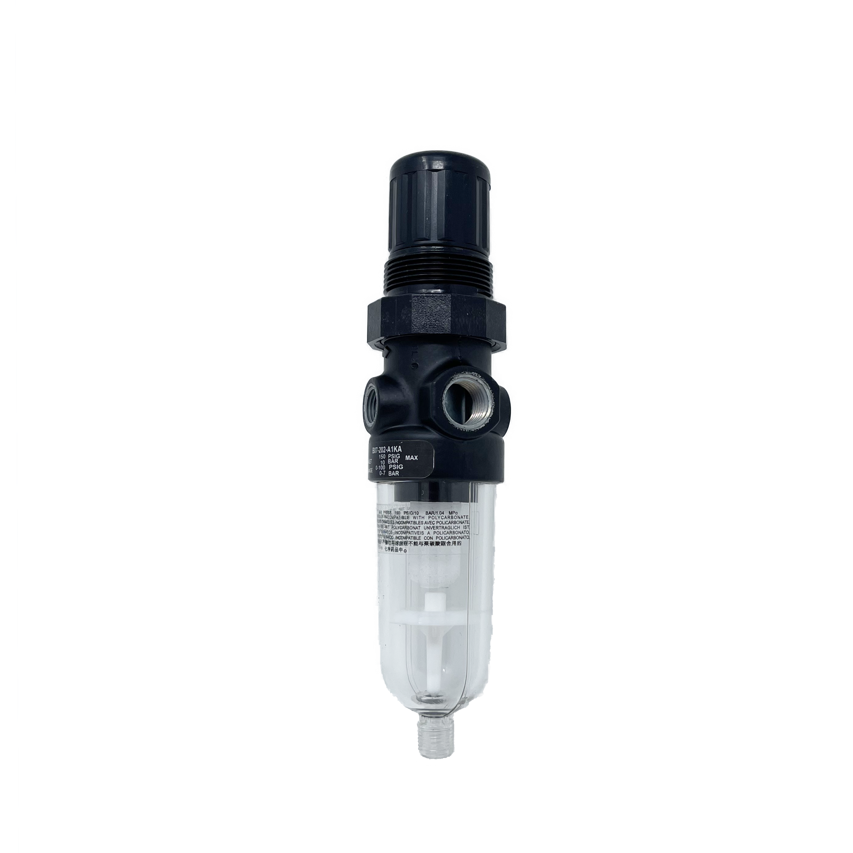 B07-101-M1KA : Norgren B07 miniature filter/regulator, Transparent Bowl, Relieving, Without Gauge, Manual Drain, 5-Micron, 5 to