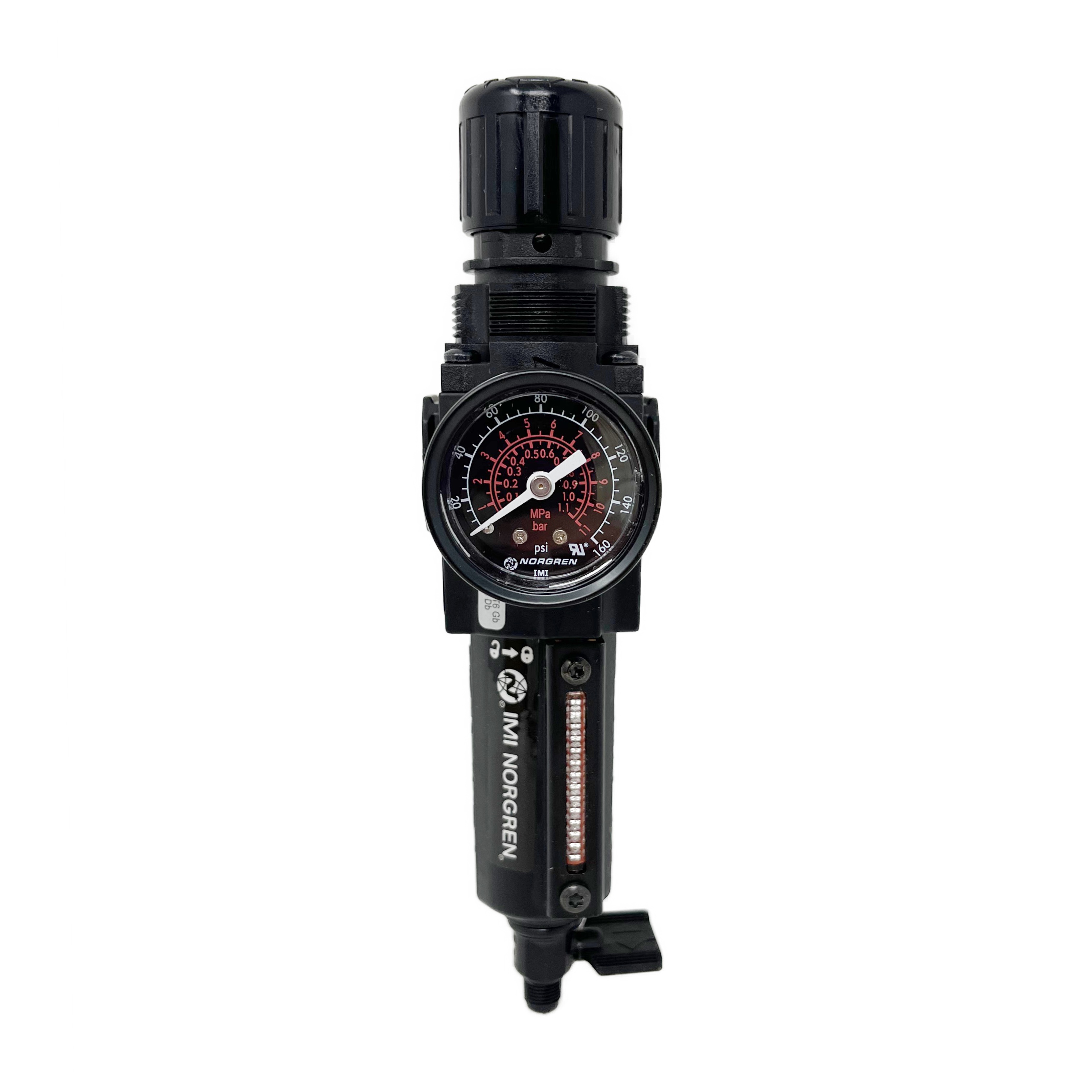 B72G-2AK-QD3-RMG : Norgren Excelon Combo Filter/Regulator, 1/4" NPT, Knob Adjust, Manual 1/4 Turn Drain, Short Metal Bowl, 40-Micron, Relieving, 5-150psi, with Gauge