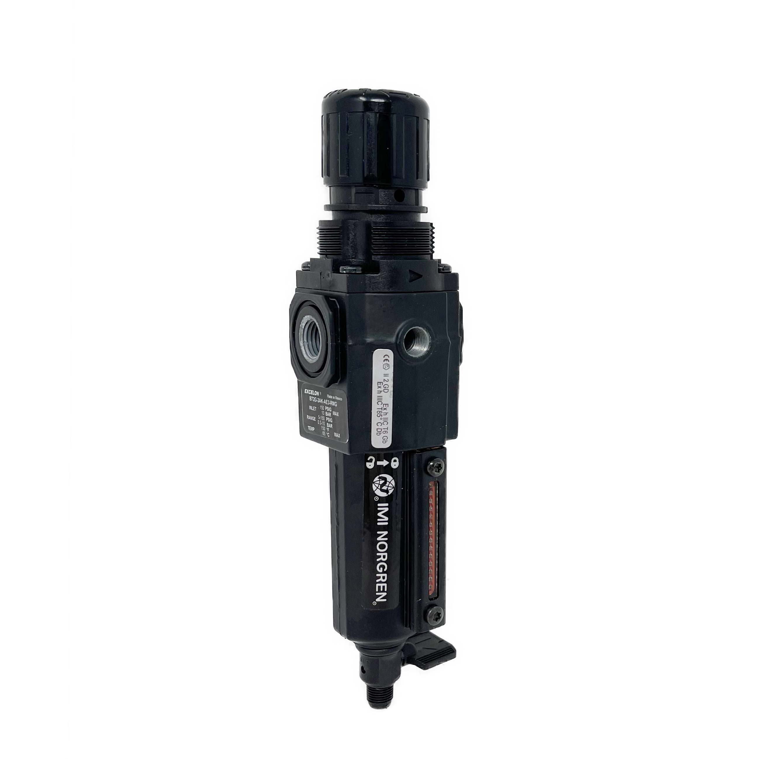 B72G-2AK-QD3-RMG : Norgren Excelon Combo Filter/Regulator, 1/4" NPT, Knob Adjust, Manual 1/4 Turn Drain, Short Metal Bowl, 40-Micron, Relieving, 5-150psi, with Gauge