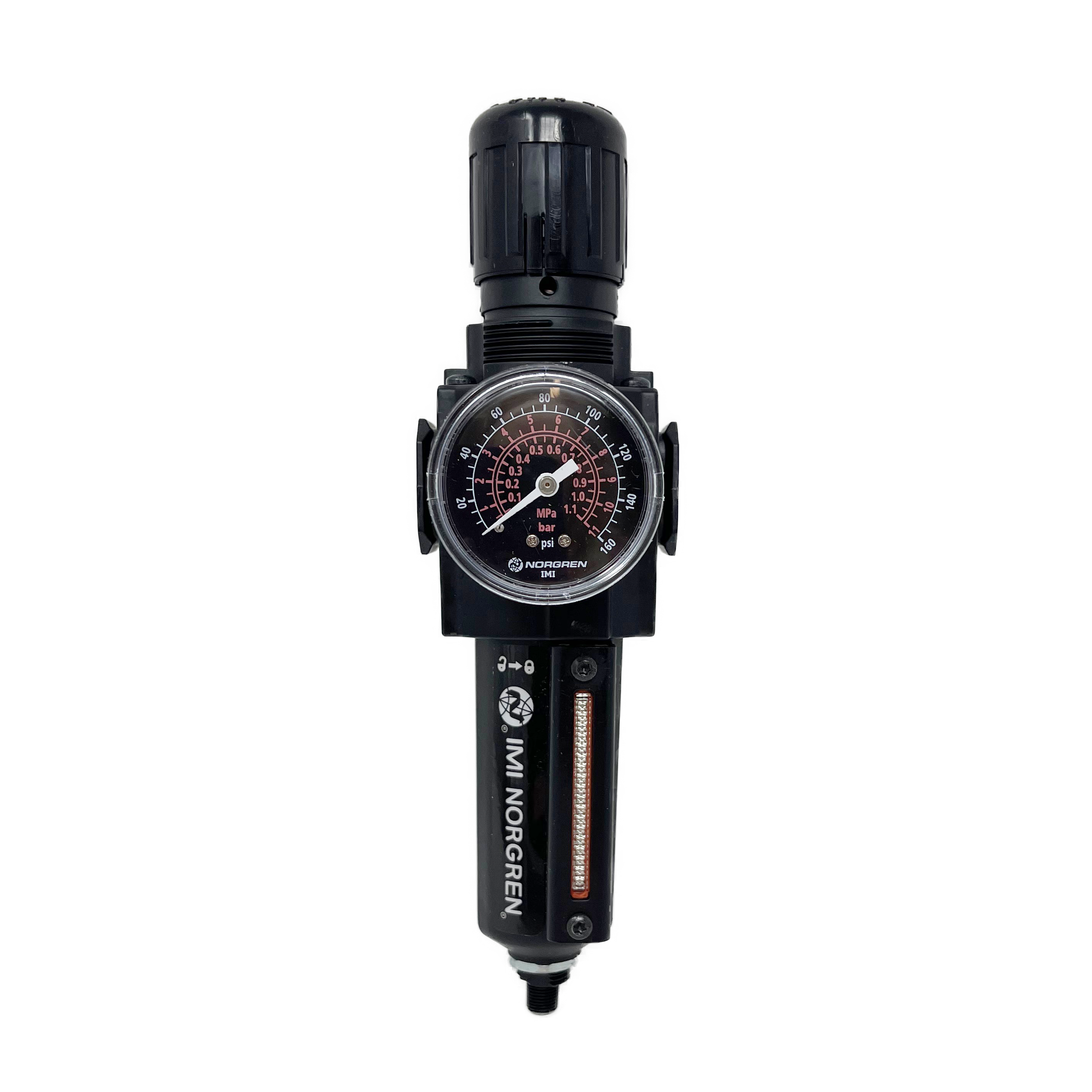 B73G-2AK-AD3-RMG : Norgren Excelon Combo Filter/Regulator, 1/4" NPT, Knob Adjust, Auto Drain, Metal Bowl, 40-Micron, Relieving, 5-150psi, with Gauge