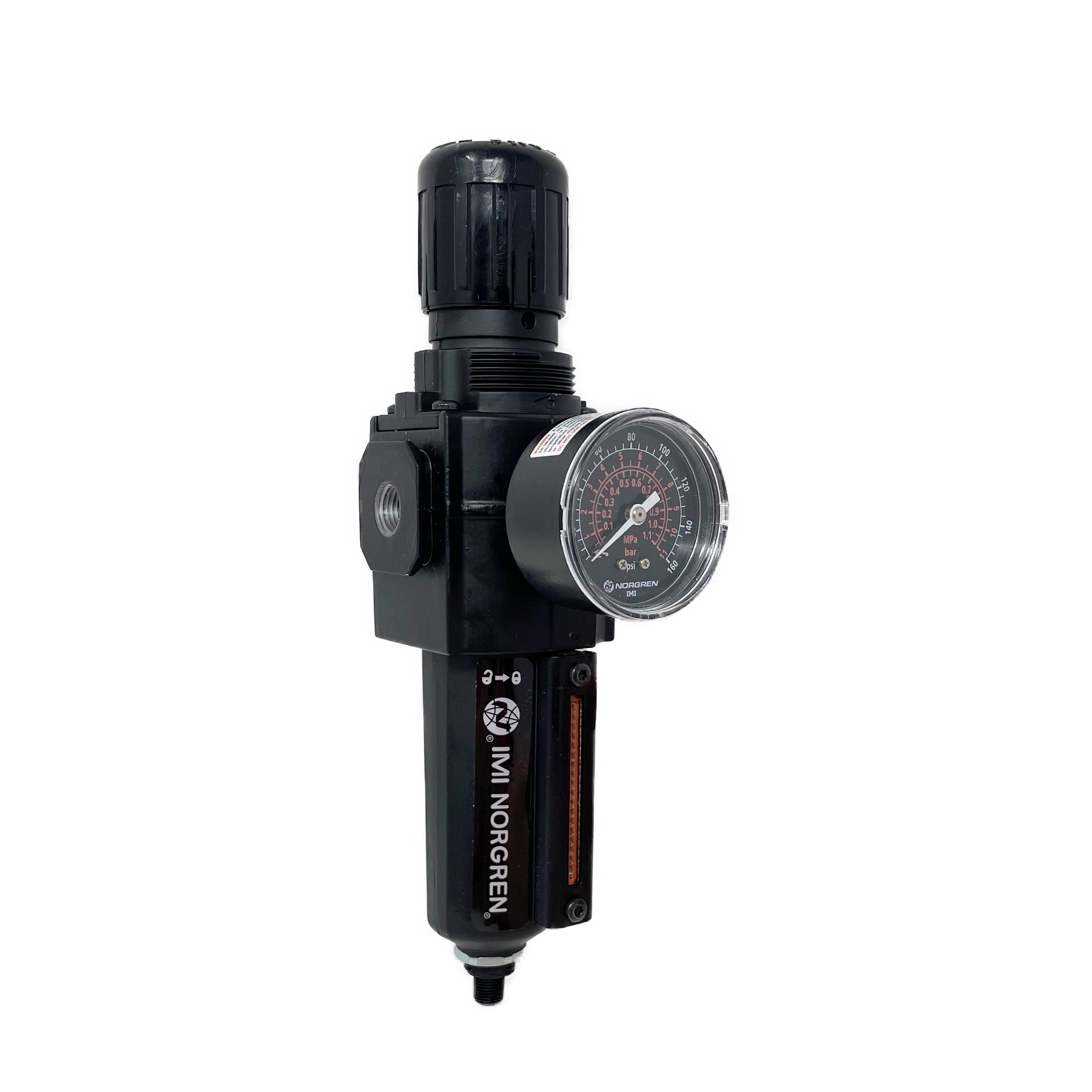 B73G-2AK-AD3-RMG : Norgren Excelon Combo Filter/Regulator, 1/4" NPT, Knob Adjust, Auto Drain, Metal Bowl, 40-Micron, Relieving, 5-150psi, with Gauge