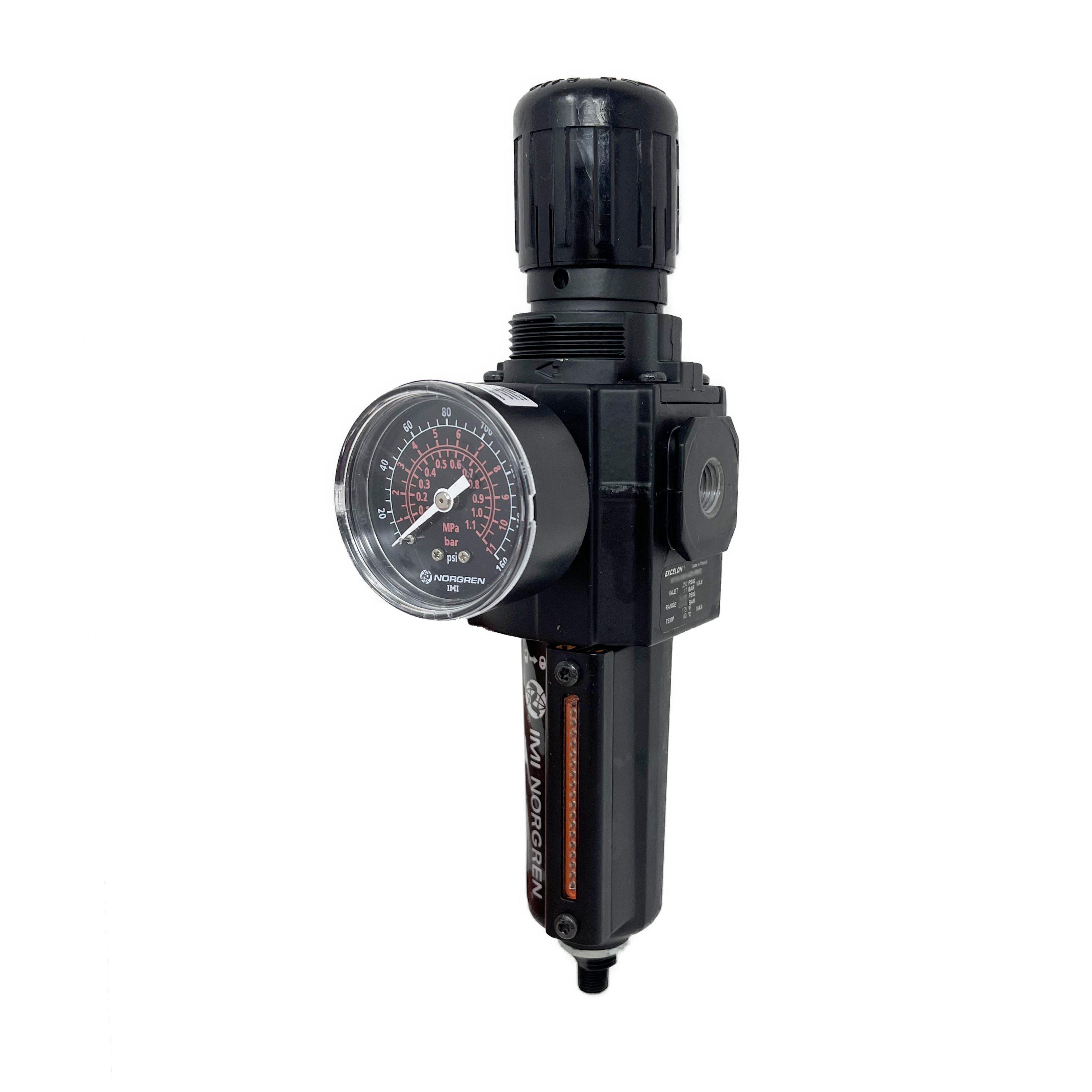 B73G-2AK-AD3-RMG : Norgren Excelon Combo Filter/Regulator, 1/4" NPT, Knob Adjust, Auto Drain, Metal Bowl, 40-Micron, Relieving, 5-150psi, with Gauge