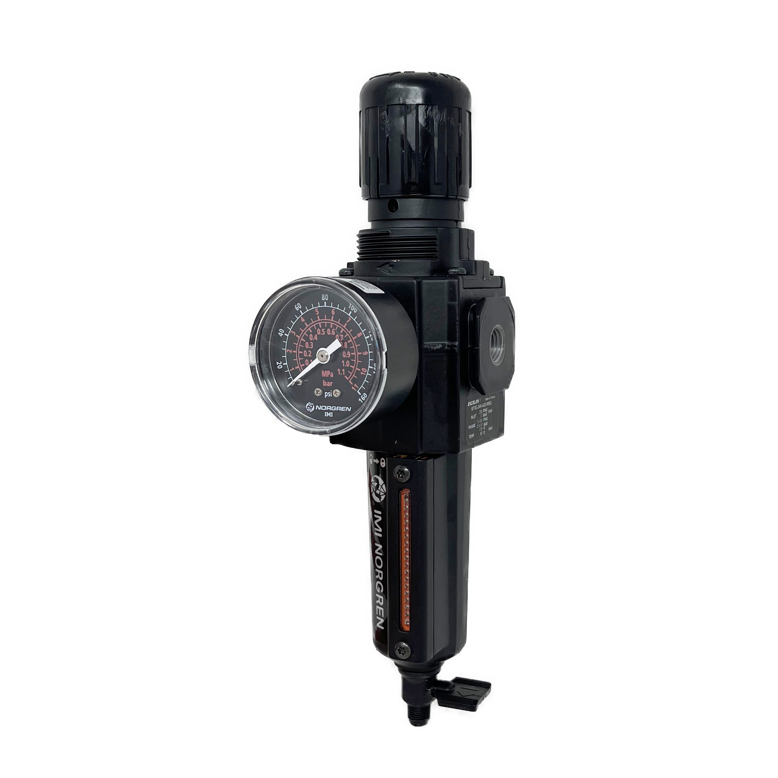 B73G-2AK-QD1-RMG : Norgren Excelon Combo Filter/Regulator, 1/4" NPT, Knob Adjust, Manual 1/4 Turn Drain, Metal Bowl, 5-Micron, Relieving, 5-150psi, with Gauge