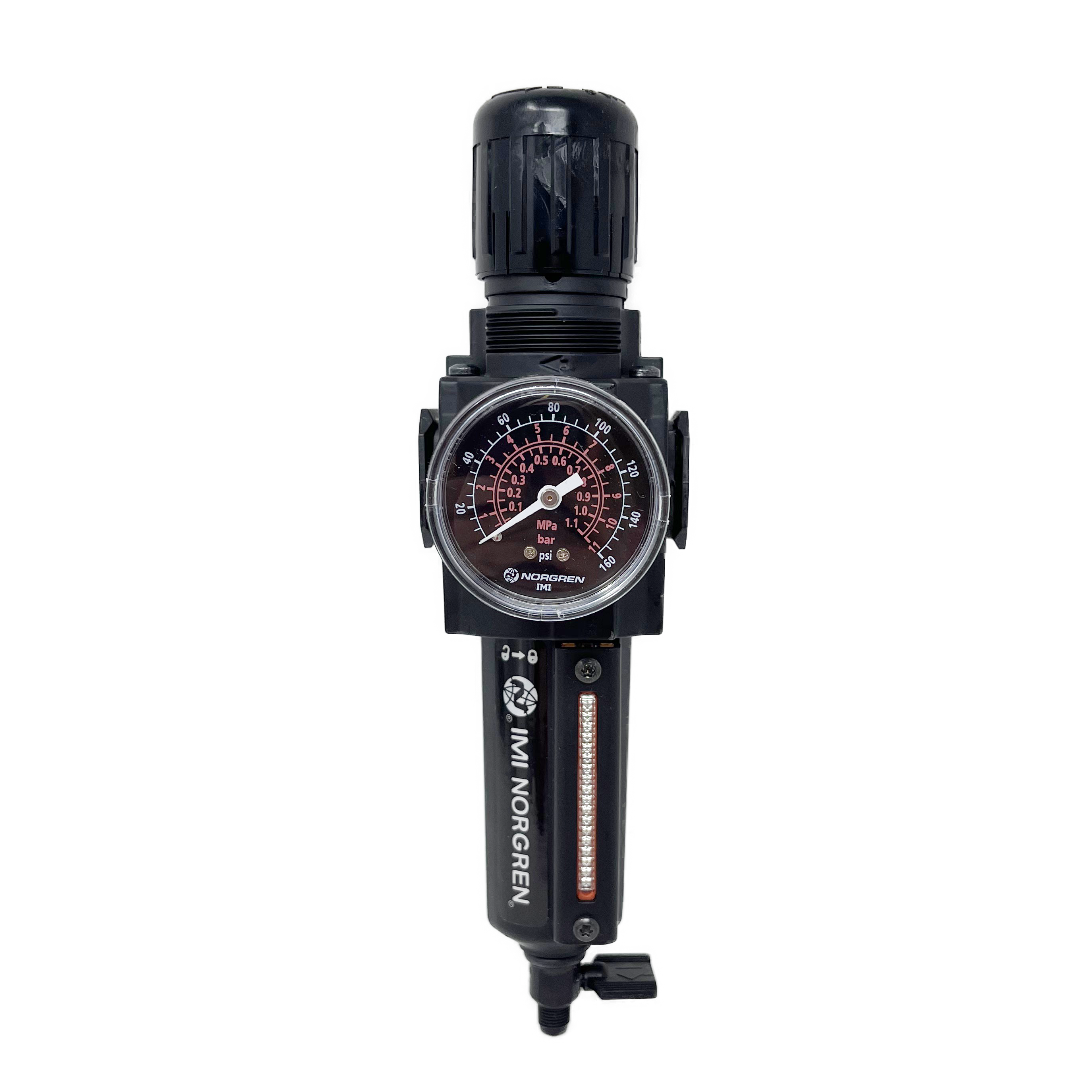 B73G-3AK-QD3-RMG : Norgren Excelon Combo Filter/Regulator, 3/8" NPT, Knob Adjust, Manual 1/4 Turn Drain, Metal Bowl, 40-Micron, Relieving, 5-150psi, with Gauge