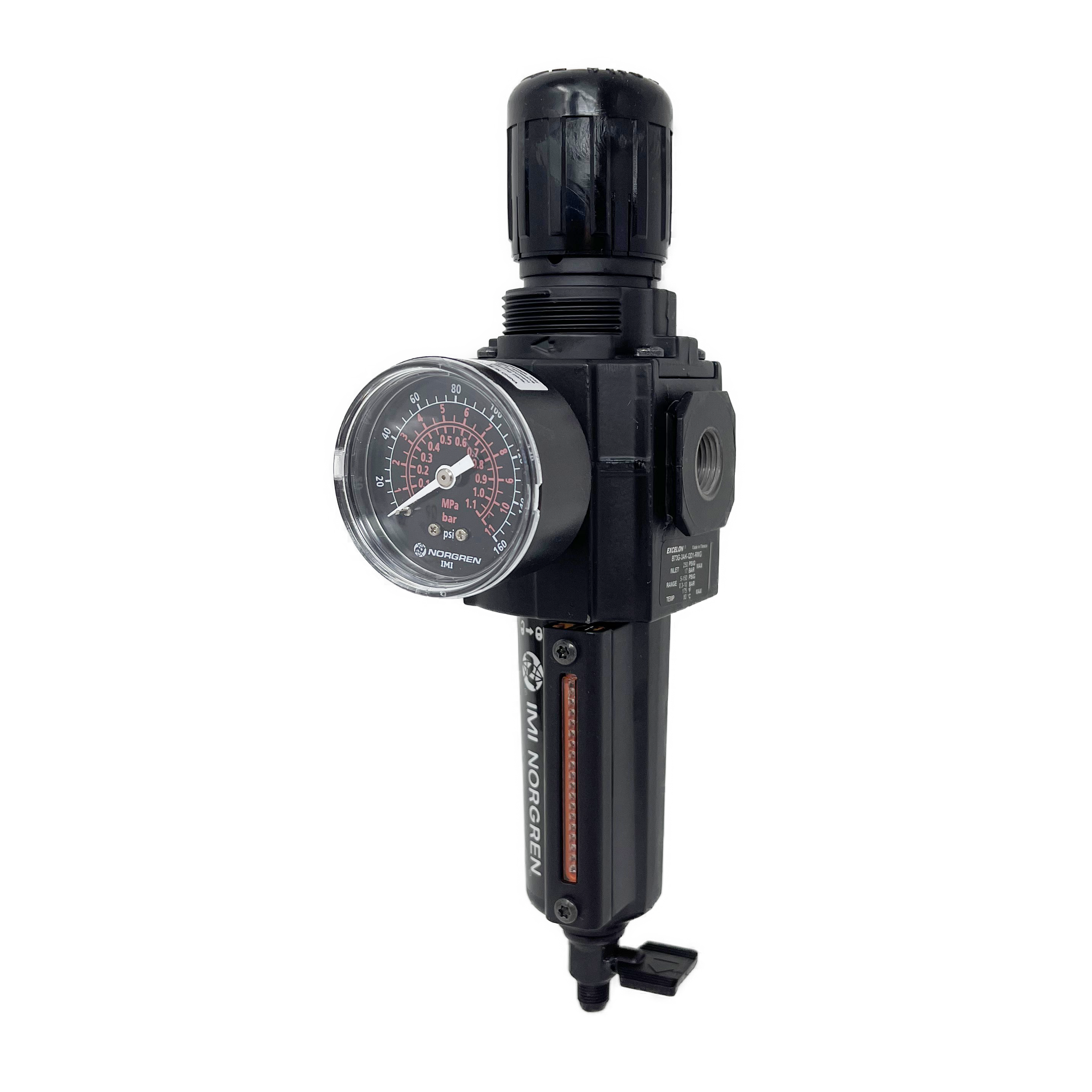 B73G-3AK-QD1-RMG : Norgren Excelon Combo Filter/Regulator, 3/8" NPT, Knob Adjust, Manual 1/4 Turn Drain, Metal Bowl, 5-Micron, Relieving, 5-150psi, with Gauge