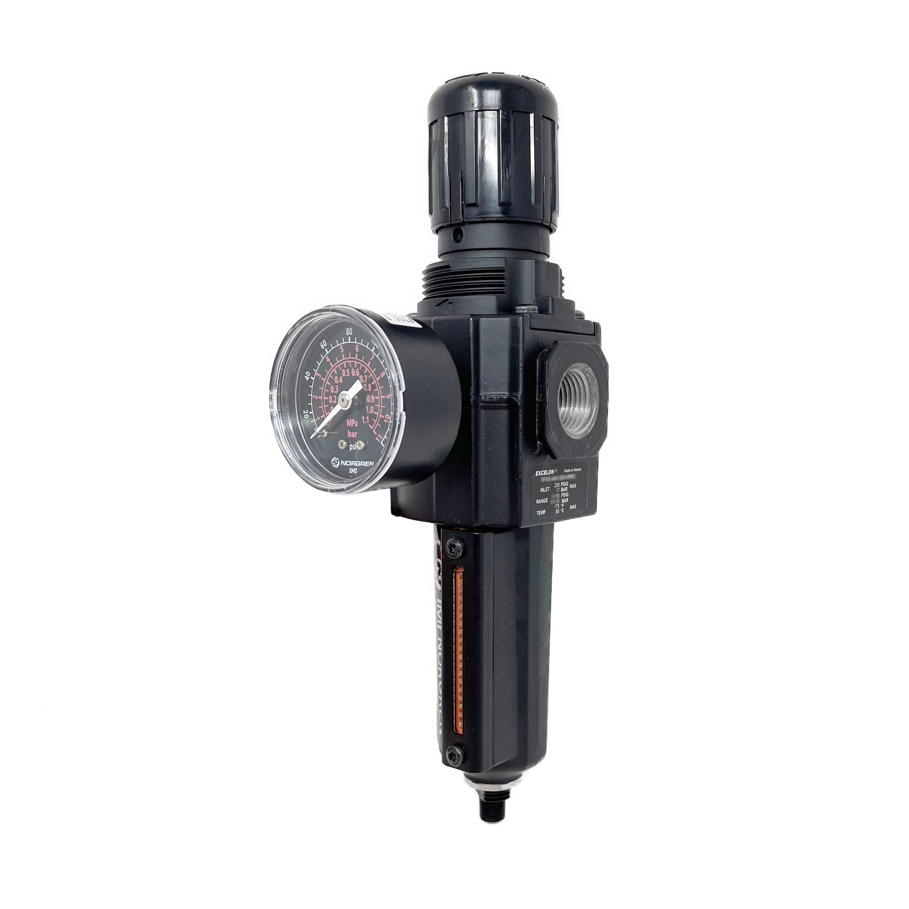 B73G-4AK-AD3-RMG : Norgren Excelon Combo Filter/Regulator, 1/2" NPT, Knob Adjust, Auto Drain, Metal Bowl, 40-Micron, Relieving, 5-150psi, with Gauge