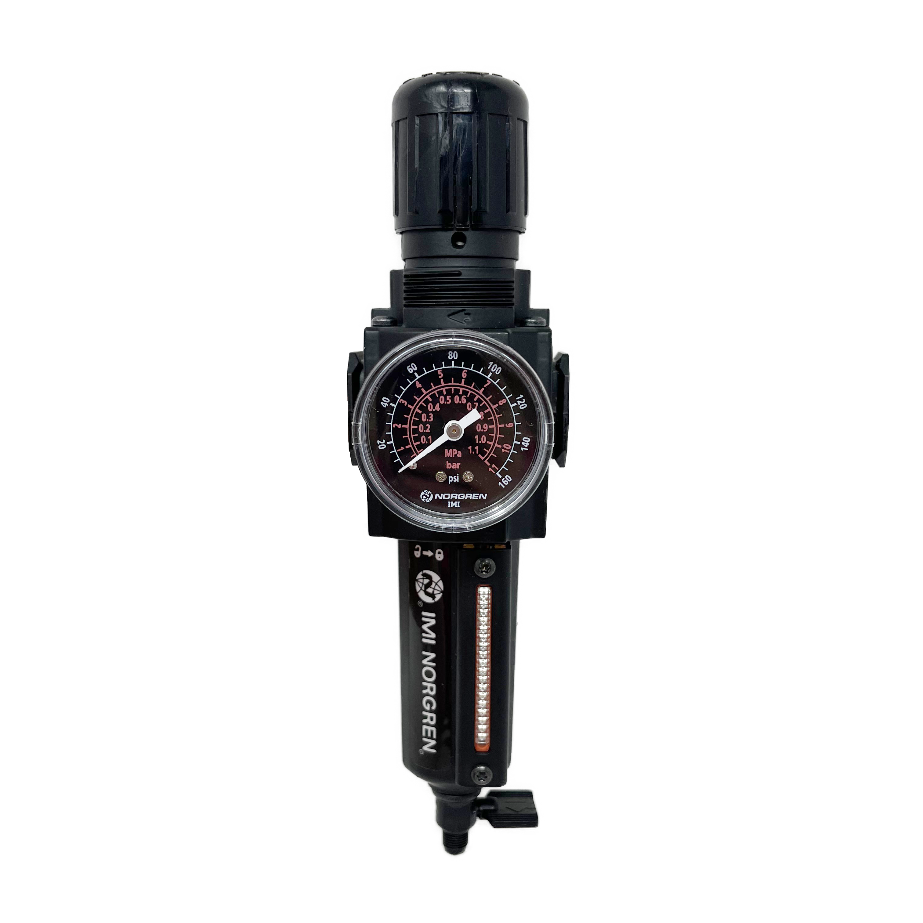 B73G-4AK-QD3-RMG : Norgren Excelon Combo Filter/Regulator, 1/2" NPT, Knob Adjust, Manual 1/4 Turn Drain, Metal Bowl, 40-Micron, Relieving, 5-150psi, with Gauge