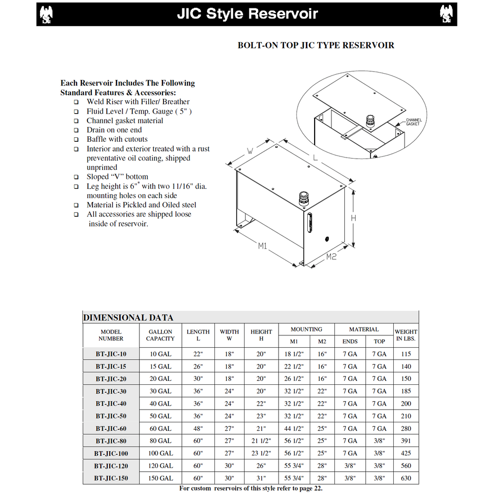 BTJIC20 Saint Machinery Reservoir, JIC BoltOn Top, Carbon Steel,