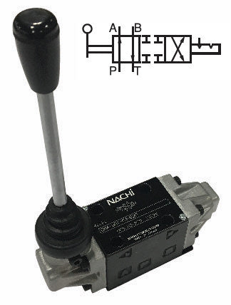 DMA-G03-E3X-E20 : Nachi Manual Lever Valve, 4-Way, D05 (NG10), 26.4GPM, 5075psi, All Ports Blocked Neutral, Detented