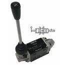 DMA-G03-F6-E20 : Nachi Manual Lever Valve, 4-Way, D05 (NG10), 26.4GPM, 5075psi, P Blocked, A&B to T in Neutral, Detented