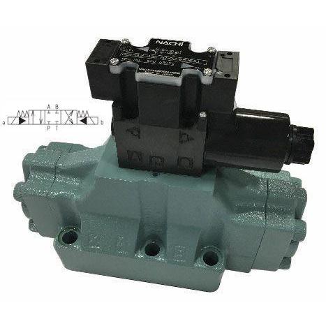 DSA-G06-C5-AR-D2-E22 : Nachi Solenoid Valve, 3P4W, D08, DIN, D08 (NG25), 158GPM, 4640psi, All Ports Blocked Neutral, 24 VDC, Wiring Box with Lights, Spring Centered