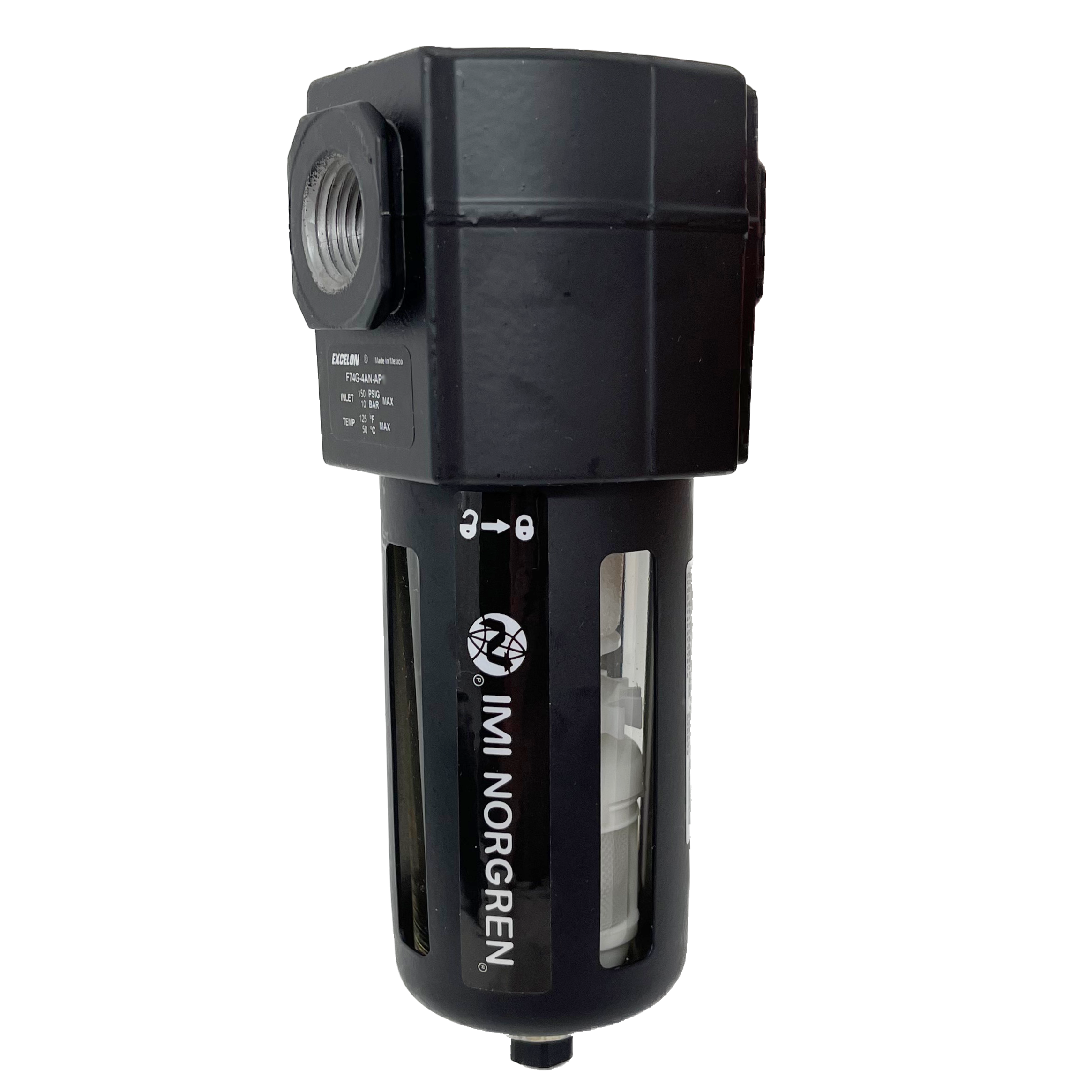 F74G-4AN-AP3 : Norgren Excelon Filter, 1/2" NPT, No Indicator, Auto Drain, Transparent Bowl, 40-Micron