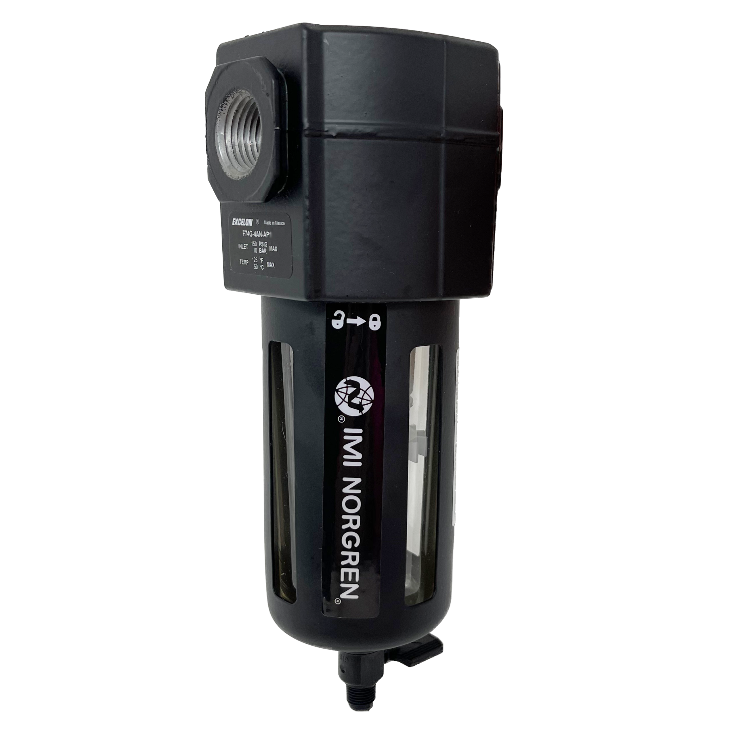 F74G-4AN-QP1 : Norgren Excelon Filter, 1/2" NPT, No Indicator, Manual Drain, Transparent Bowl, 5-Micron