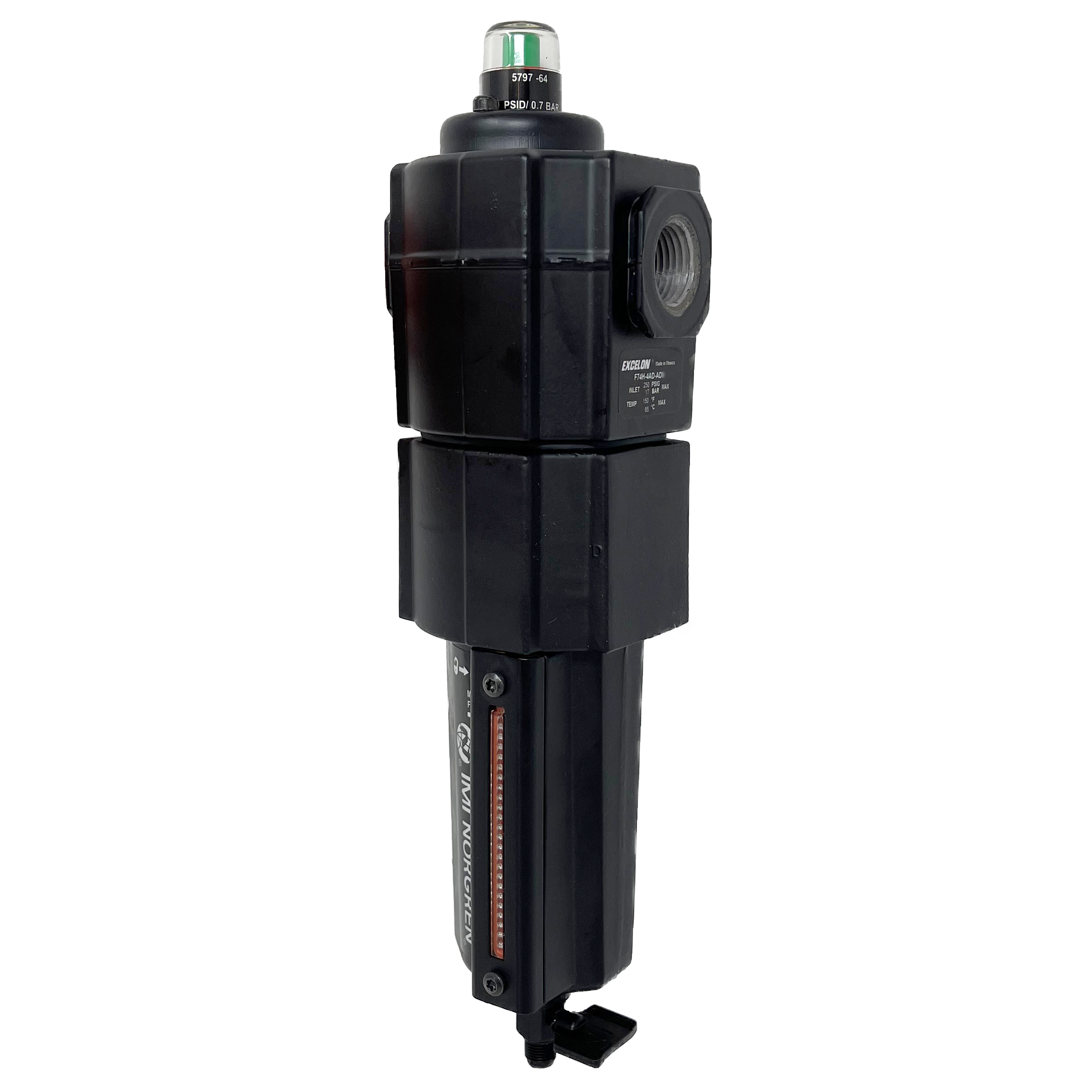 F74H-4AD-QD0 : Norgren Excelon Hi-Flow Coalescing Filter, 1/2" NPT, With Mechanical Indicator, Manual Drain, Metal Bowl