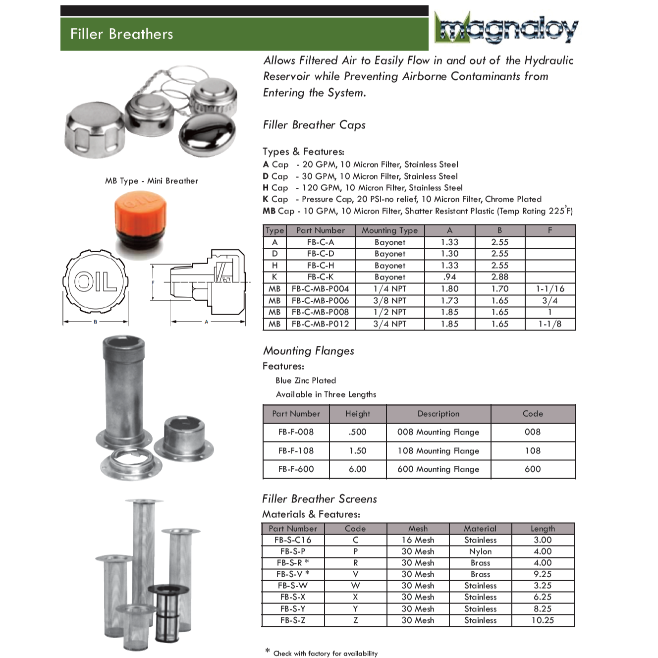 FB-C-MB-P006 : Magnaloy NPT Filler Breather, 3/8" NPT, 10GPM, 10-Micron Filter, Shatter Resistant Plastic (to 225F)