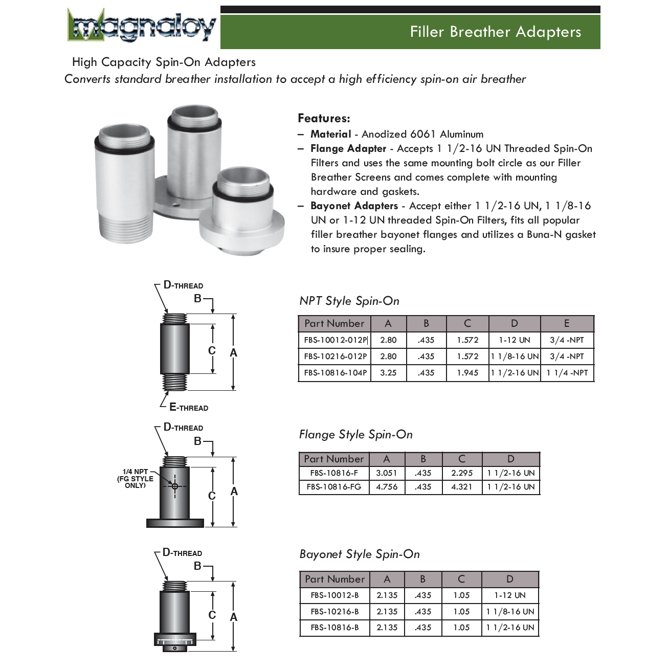 FBS-10816-104P : Magnaloy Spin-On NPT Adapter, Aluminum, 1 1/2-16 UN to 1.25" NPT