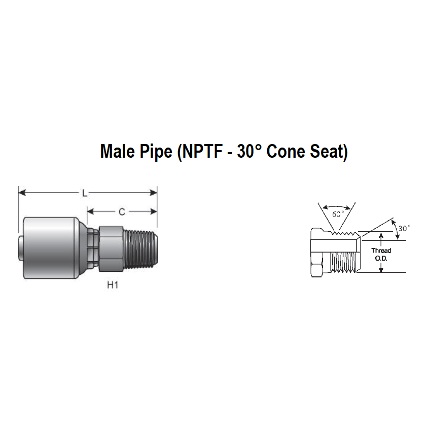 12G-12MP : Gates Coupling, MegaCrimp Male Pipe (NPTF, 30 Cone Seat), -12 (3/4") Dash Size, 0.75 (3/4") ID, 3/4-14 Threads