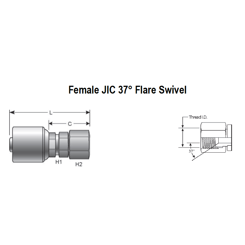 6G-6FJX : Gates Coupling, MegaCrimp Female JIC 37 Flare Swivel, -6 (3/8") Dash Size, 0.375 (3/8") ID, 9/16-18 Threads