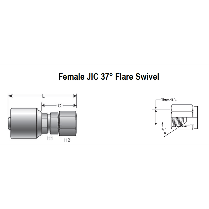 4G-4FJX : Gates Coupling, MegaCrimp Female JIC 37 Flare Swivel, -4 (1/4") Dash Size, 0.25 (1/4") ID, 7/16-20 Threads