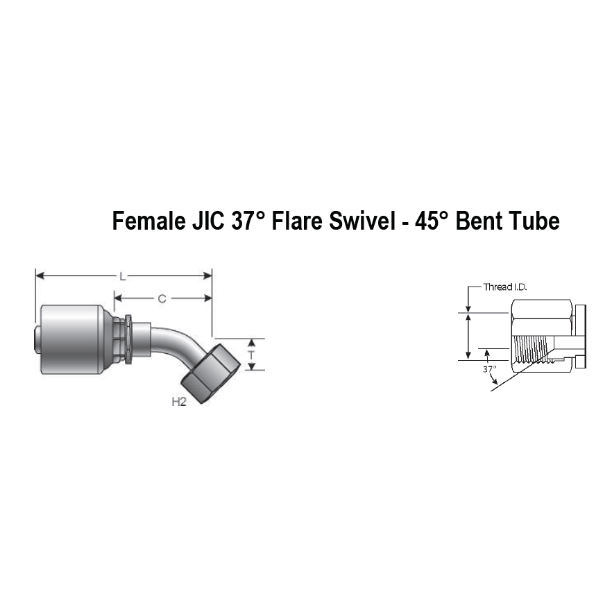 4G-4FJX45S : Gates Coupling, MegaCrimp Female JIC 37 Flare Swivel, 45-Deg, -4 (1/4") Dash Size, 0.25 (1/4") ID, 7/16-20 Threads