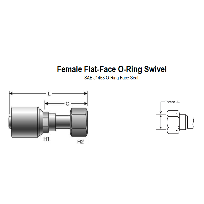 4G-6FFORX : Gates Coupling, MegaCrimp Female Flat-Face O-Ring Swivel, -4 (1/4") Dash Size, 0.25 (1/4") ID, 11/16-16 Threads
