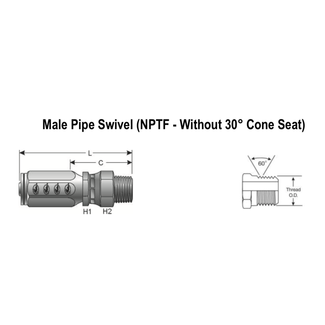 4C1T-4RMPX : Gates Coupling, Field Attachable Type T for G1 Hose (1 Wire), Male Pipe Swivel (NPTF, without 30 Cone Seat), -4 (1/4") Dash Size, 0.25 (1/4") ID, 1/4-18 Threads