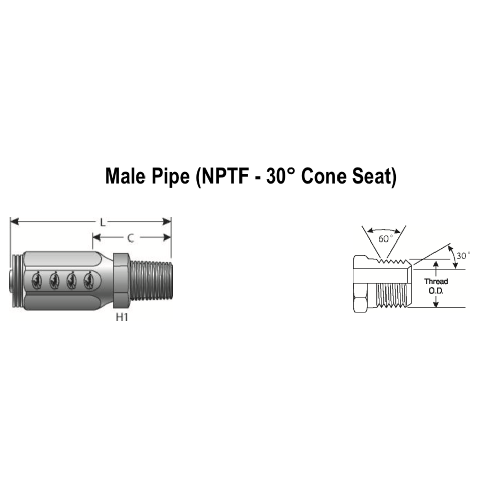 6C2AT-6RMP : Gates Coupling, Field Attachable Type T for G2 Hose (2 Wire), Male Pipe (NPTF, 30 Cone Seat), -6 (3/8") Dash Size, 0.375 (3/8") ID, 3/8-18 Threads