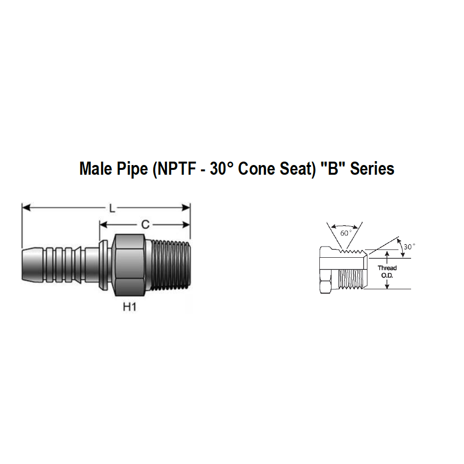 6B-6MP-SS : Gates Coupling, Stainless Steel Braid Male Pipe (NPTF, 30 Cone Seat), -6 (3/8") Dash Size, 0.375 (3/8") ID, 3/8-18 Threads