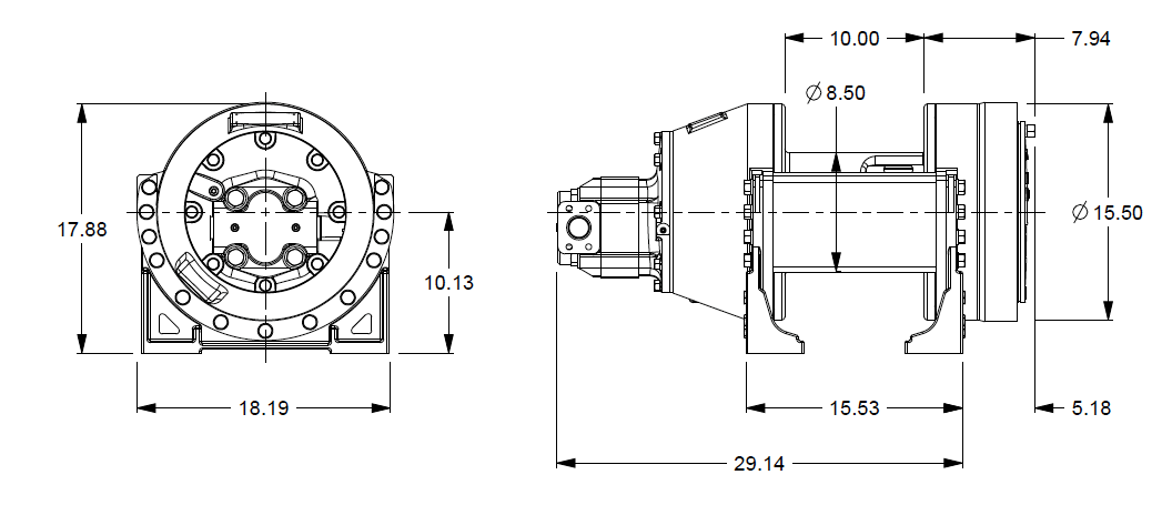 H18-3-101-1 : Pullmaster Planetary Hydraulic Winch, Rapid Reverse, 18,000lb Bare Drum Pull, Auto Brake, CW, 76GPM Motor, 8.5" Barrel x 10.0" Length x 15.5" Flange