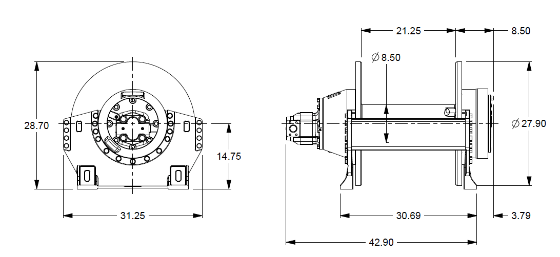 H18-3-101-4 : Pullmaster Planetary Hydraulic Winch, Rapid Reverse, 18,000lb Bare Drum Pull, Auto Brake, CW, 76GPM Motor, 8.5" Barrel x 22.0" Length x 28.0" Flange