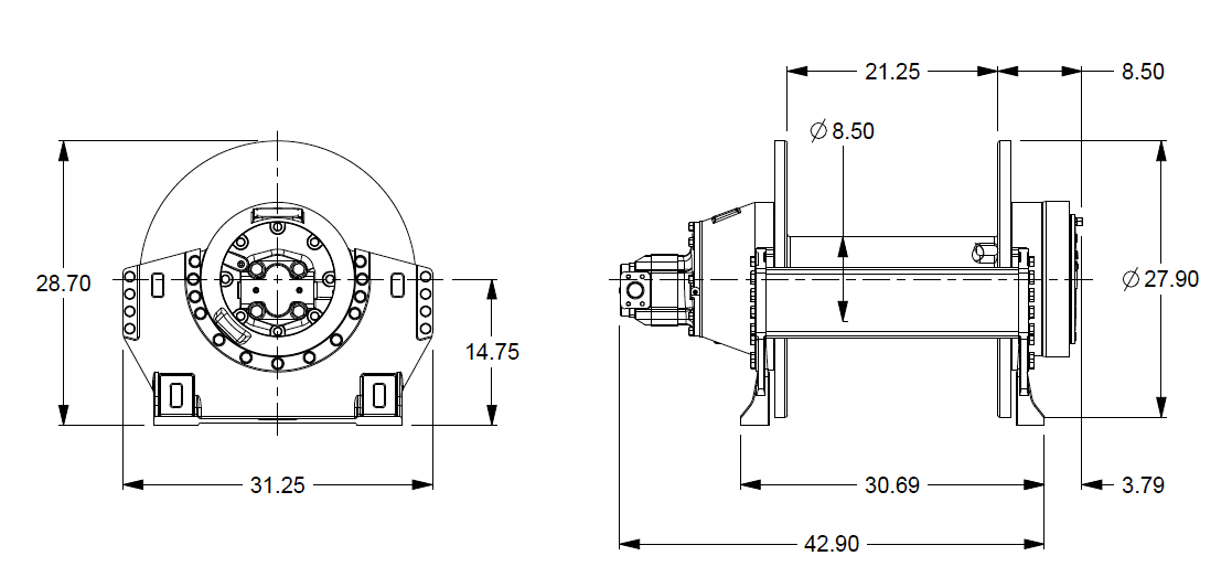 H18-6-101-4 : Pullmaster Planetary Hydraulic Winch, Rapid Reverse, 18,000lb Bare Drum Pull, Auto Brake, CCW, 76GPM Motor, 8.5" Barrel x 22.0" Length x 28.0" Flange