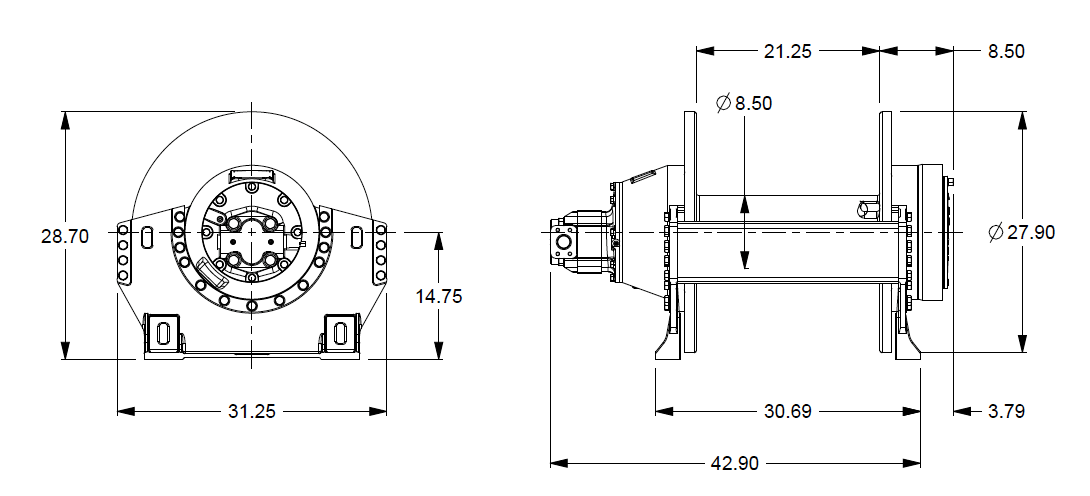 H18-8-101-4 : Pullmaster Planetary Hydraulic Winch, Rapid Reverse, 18,000lb Bare Drum Pull, Auto Brake with Ext Release, CW, Ext Circulation Flow, 76GPM Motor, 8.5" Barrel x 22.0" Length x 28.0" Flange