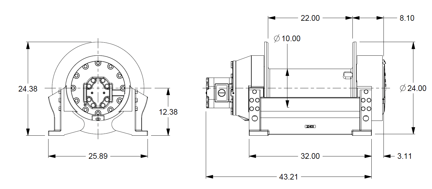 H25-7-86-4 : Pullmaster Planetary Hydraulic Winch, Rapid Reverse, 25,000lb Bare Drum Pull, Auto Brake, CW, 115GPM Motor, 10.0" Barrel x 22.0" Length x 24.0" Flange