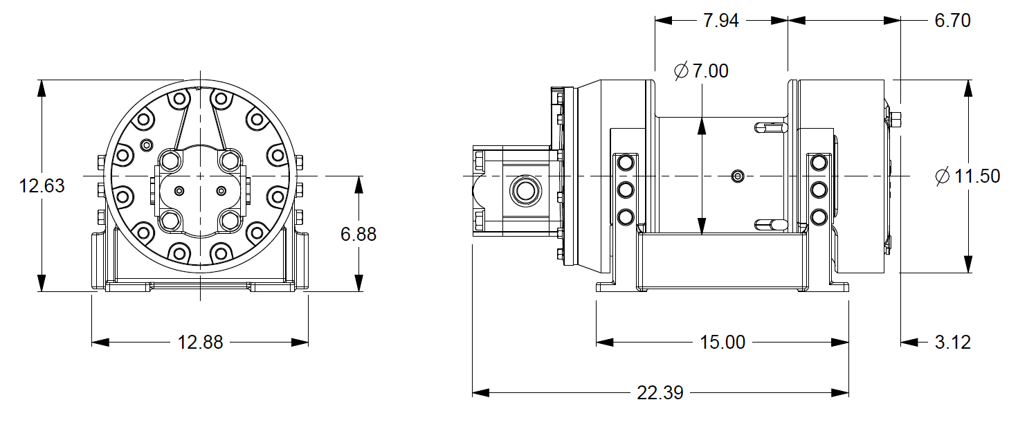 H8-3-30-1 : Pullmaster Planetary Hydraulic Winch, Rapid Reverse, 8,500lb Bare Drum Pull, Auto Brake, CW, 37GPM Motor, 7.0" Barrel x 8.0" Length x 11.5" Flange