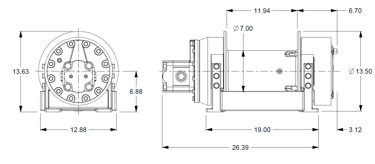 H8-3-30-4 : Pullmaster Planetary Hydraulic Winch, Rapid Reverse, 8,500lb Bare Drum Pull, Auto Brake, CW, 37GPM Motor, 7.0" Barrel x 12.0" Length x 13.5" Flange