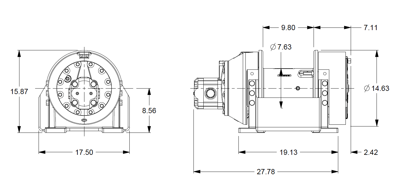 M12-3-97-1  : Pullmaster Planetary Hydraulic Winch, Equal Speed, 12,000lb Bare Drum Pull, Auto Brake, CW, 50GPM Motor, 7.63" Barrel x 10.0" Length x 14.63" Flange