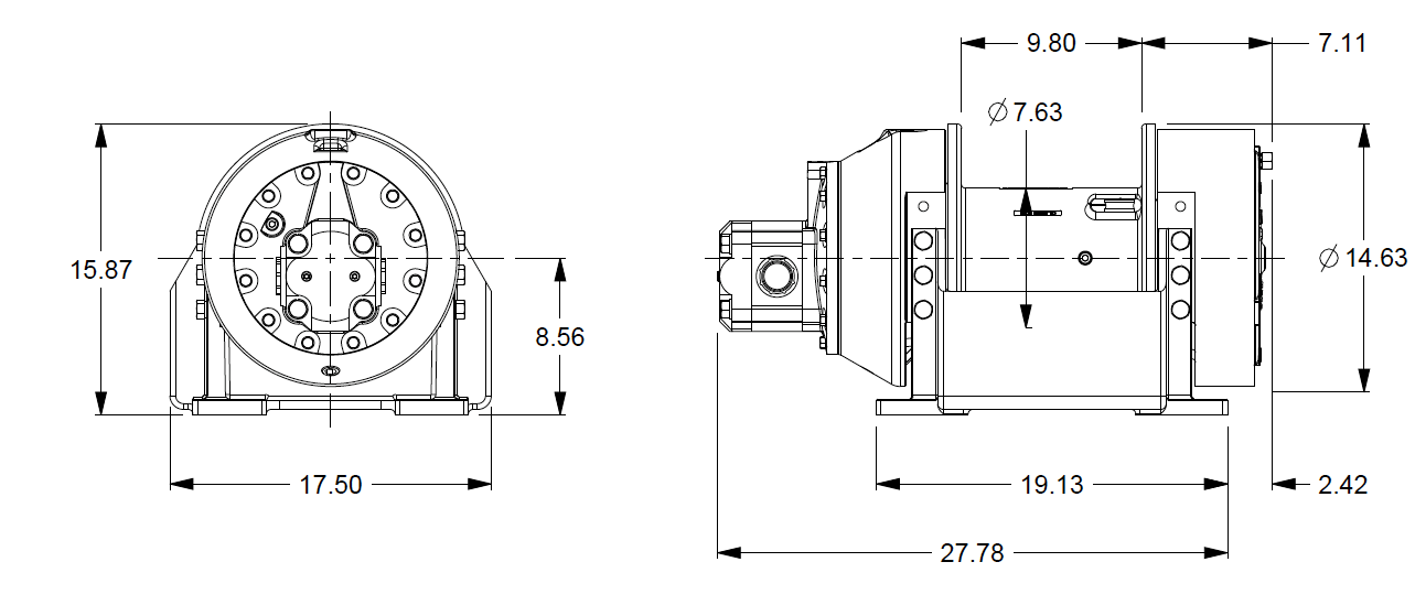 M12-6-97-1  : Pullmaster Planetary Hydraulic Winch, Equal Speed, 9,750lb Bare Drum Pull, Auto Brake, CCW, Ext Brake Release, 50GPM Motor, 7.63" Barrel x 10.0" Length x 14.63" Flange