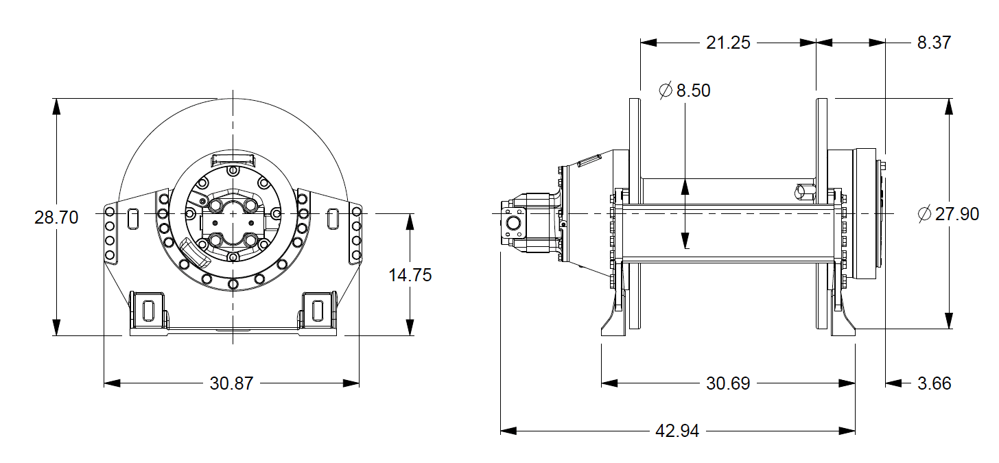 M18-3-101-4  : Pullmaster Planetary Hydraulic Winch, Equal Speed, 18,000lb Bare Drum Pull, Auto Brake, CW, 76GPM Motor, 8.5" Barrel x 22.0" Length x 28.0" Flange